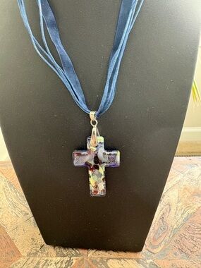 Unmarked Hand Blown 2" Navy Blue Glass Millefiori-Style Cross Necklace
